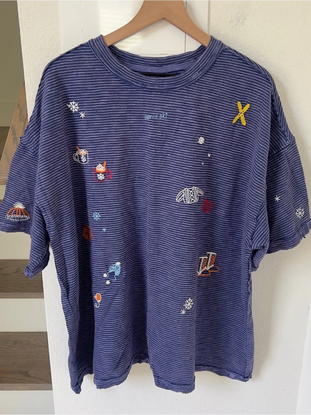 Free People Embroidered Camp Tee T-Shirt - Apres Ski Combo - Blue - Large - NWT